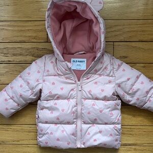 Old Navy girls 12-18 month light pink heart winter puffer coat